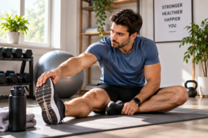 Man stretching at home as part of a regular exercise and daily movement routine