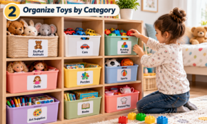 Organize toys by category in kids room