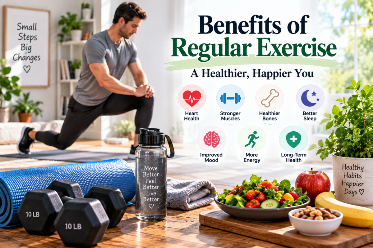 Man exercising at home with dumbbells and fitness equipment for regular exercise