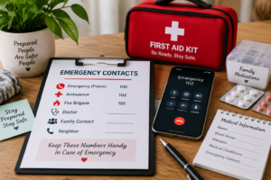 Emergency contact information and medical details prepared with a home first aid kit for emergencies