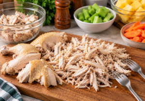 Cooked chicken portions prepared for Pineapple Chicken