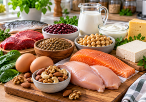Variety of protein foods including chicken salmon eggs beans lentils tofu nuts and dairy