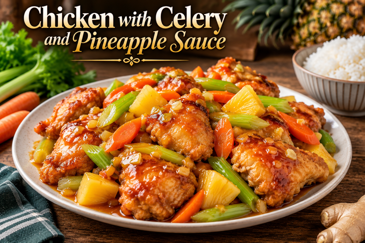 Pineapple Chicken with celery carrots and sweet pineapple sauce