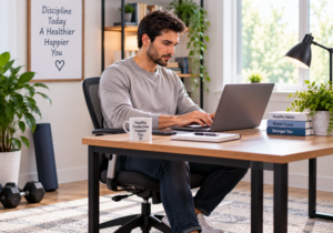 Man working at a desk as part of a healthy routine to break up long periods of sitting
