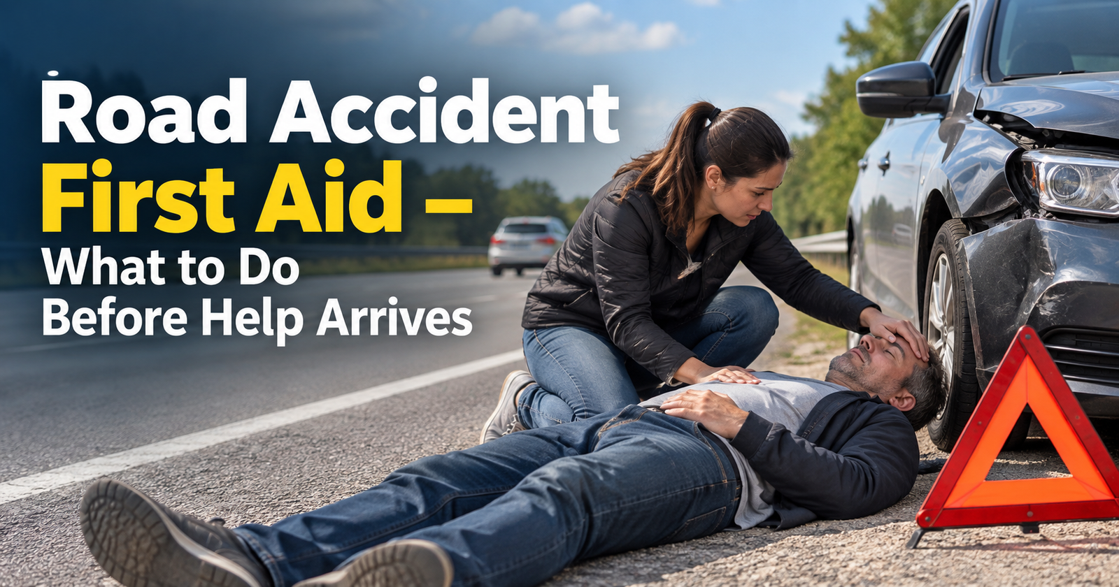 Road accident first aid showing a person helping an injured man beside a damaged car