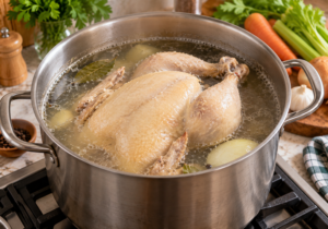 Whole chicken simmering in a pot for Pineapple Chicken