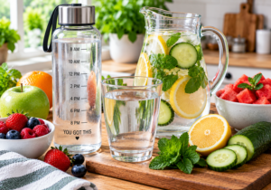 Water bottle and fresh infused water with lemon cucumber and mint