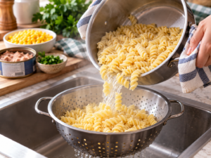 Drain the fusilli once it is just tender, ready for the tuna pasta bake.