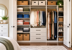 Well-organized closet with clothes, shelves, storage bins, and space-saving solutions to maximize closet space.