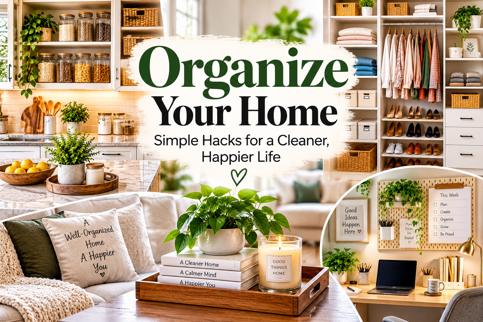 Organized home with kitchen, closet, and workspace storage featuring simple home organization ideas.