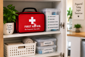 Properly stored home first aid kit in an easy-to-access location with organized emergency supplies