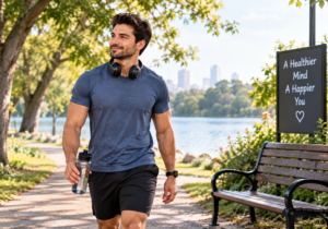 Man walking outdoors as part of a regular exercise routine for mental well-being