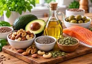 Healthy fat sources including avocado olive oil salmon nuts seeds and olives