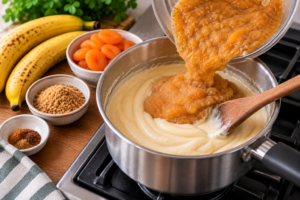 Banana and apricot purée being added to Banana Soufflé mixture