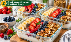 Greek yogurt protein breakfast bowls with berries, banana, granola, chia seeds, and nuts for a healthy high protein meal prep
