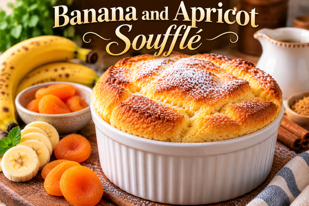 Banana Soufflé with apricots baked until golden