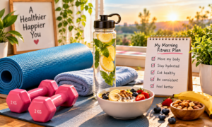 healthy morning exercise setup with yoga mat water bottle dumbbells and healthy breakfast