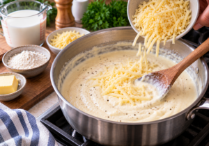 Grated cheese being stirred into thick creamy sauce in a saucepan