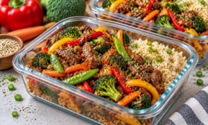 Beef and vegetable stir fry with broccoli, peppers, carrots, and rice in a healthy high protein meal prep container