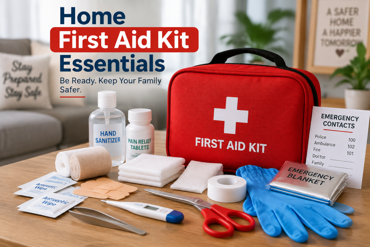Home first aid kit with essential medical supplies including bandages, gauze, gloves, thermometer, and emergency items
