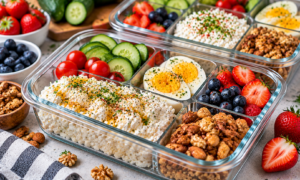 Cottage cheese snack boxes with fruits, nuts, boiled eggs, cucumbers, and vegetables for a high protein meal prep