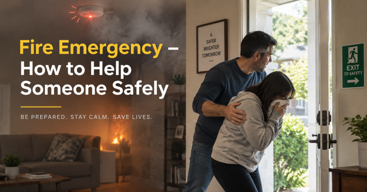 Fire emergency safety showing people evacuating safely from a building during a fire