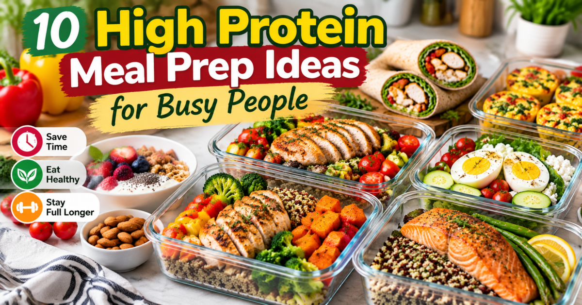 High protein meal prep ideas for busy people with healthy chicken bowls, salmon, vegetables, eggs, and nutritious meal containers