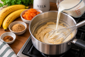 Milk being added to the base for Banana Soufflé