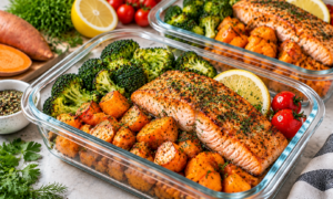 Salmon and sweet potato meal prep with broccoli, vegetables, and lemon for a healthy high protein meal