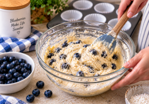 Fresh blueberries being folded into homemade blueberry muffin batter