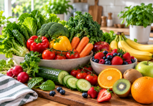 Fresh fruits and vegetables as part of a balanced healthy diet