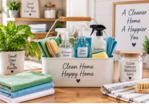 Organized cleaning supplies for a simple home cleaning routine