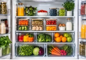 Fridge Organization with different food zones and organized refrigerator shelves