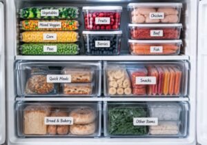 Fridge Organization with an organized freezer and labeled storage containers