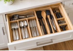 Kitchen storage with organized drawers and neatly arranged utensils