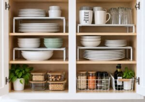 Kitchen storage with shelf risers organizing plates, bowls and mugs