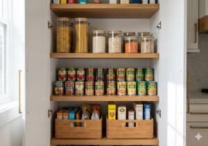 Kitchen storage with dry foods organized into clear pantry categories