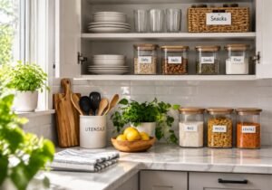 Organized kitchen cabinets with labeled containers and a clean countertop for home decluttering