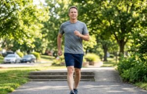 Middle-aged man brisk walking outdoors as a weight-bearing exercise for strong bones
