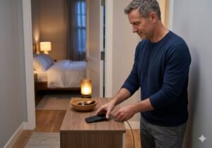 Middle-aged man putting his phone away before bed as part of a healthy sleep routine