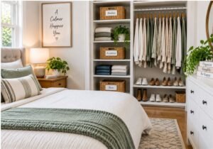 Organized bedroom closet with decluttered clothes and storage baskets