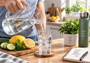Pouring a glass of water as part of a simple morning hydration habit