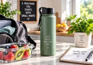 Reusable water bottle kept within easy reach to help stay hydrated throughout the day