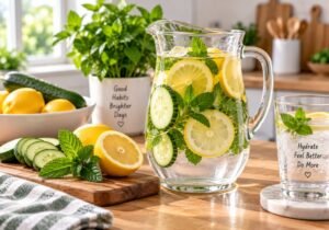 Pitcher of water with lemon cucumber and mint for refreshing everyday hydration
