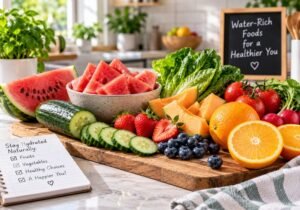 Water-rich fruits and vegetables including watermelon cucumber oranges strawberries and tomatoes