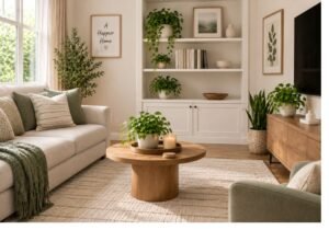 Clean minimalist living room with organized shelves, cozy sofa, round coffee table, and simple home decor