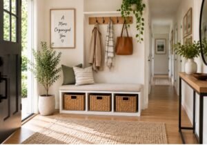 Clean organized entryway with storage bench, baskets, coat hooks, and simple home organization ideas
