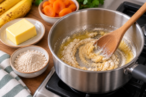 Margarine and flour base being prepared for Banana Soufflé