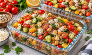 Chickpea and quinoa protein salad with cucumber, tomatoes, peppers, feta cheese, and fresh herbs for healthy meal prep