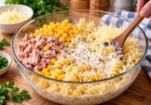 Mixing pasta, tuna and sweetcorn with creamy sauce for tuna pasta bake